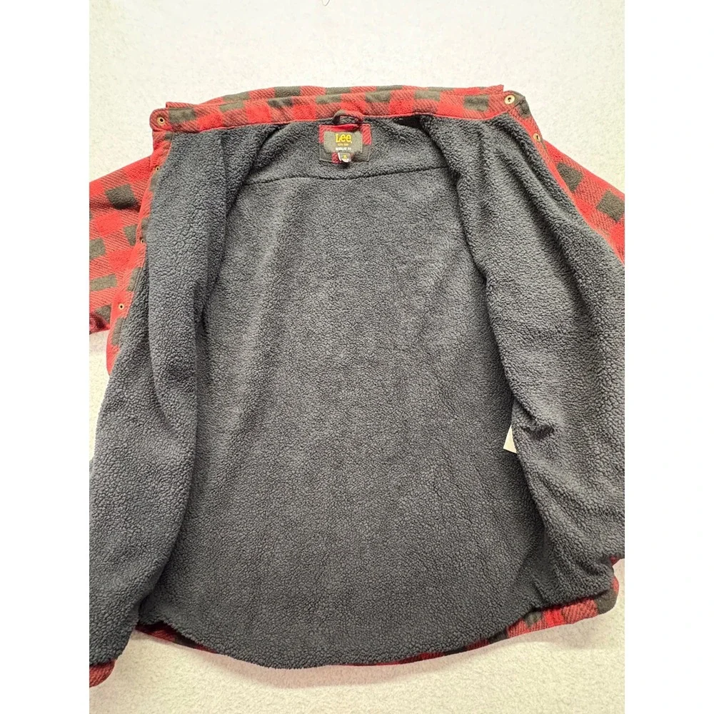 Lee Mens XL Red Black Buffalo Plaid Fleece Lined Flannel Snap‎ Shirt Jacket